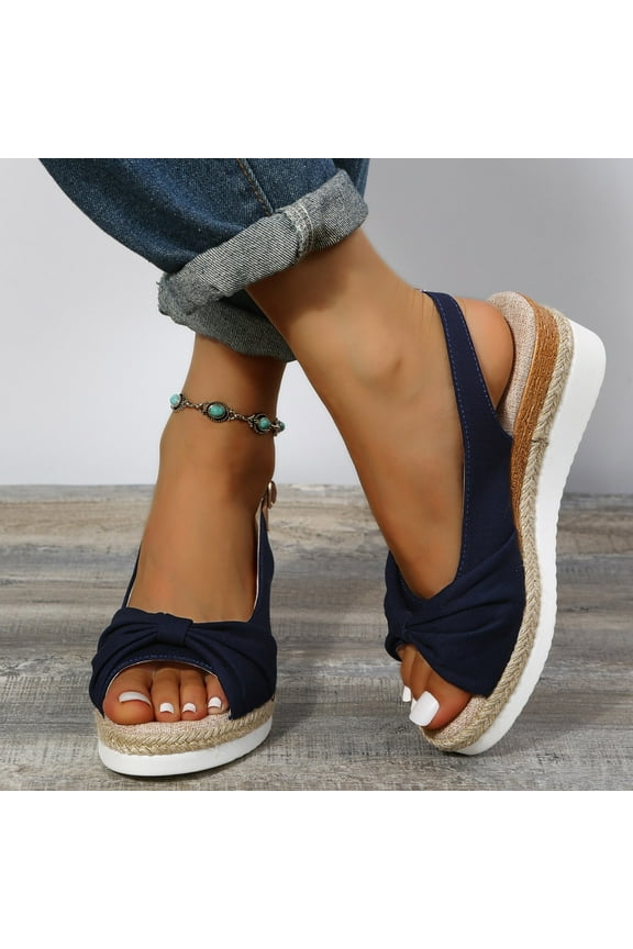 Summer Ladies Shoes Fish Mouth Medium Wedge Heel Metal Buckle Women's Sandals Summer Sandals for Women Dark Blue 7.5(40)
