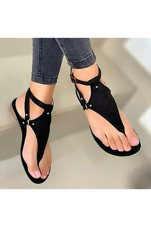 Summer Women's Ankle Strap Sandals Shoes Flat Bottom Roman Flip Flops Casual Women's Sandals Black 7.5(40)