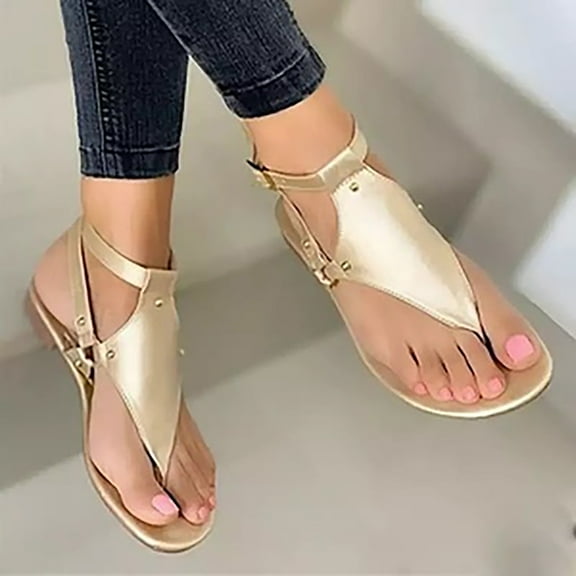 Dpityserensio Summer Ladies Shoes Flat Bottom Roman Flip Flops Casual Women's Sandals Summer Women Sandals Gold 7.5(40)