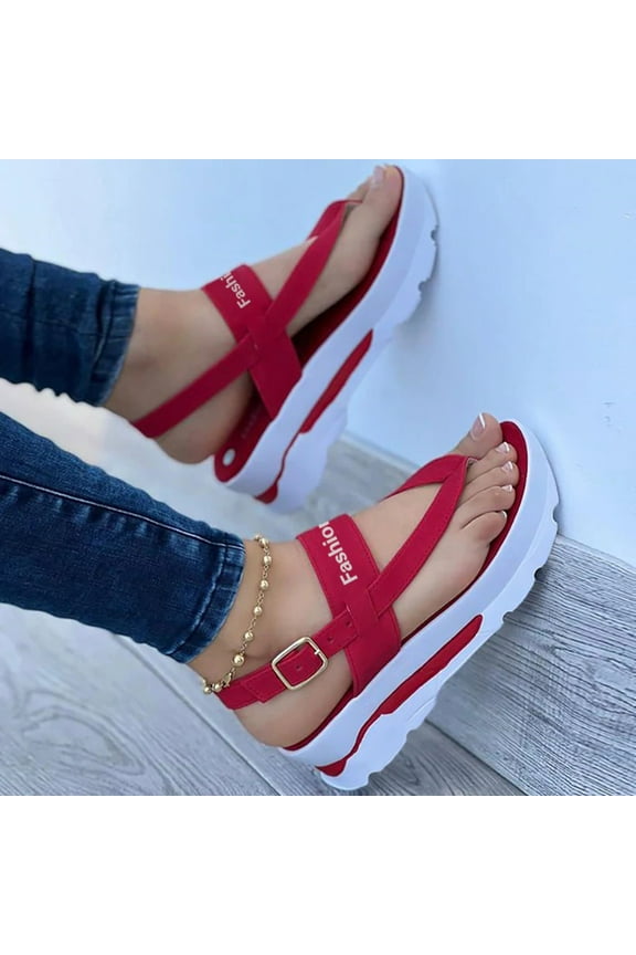 Summer Ladies Women Clip-Toe Thick Soled Shoes Casual Sandals Summer Women Sandals Clearance Red 7.5(40)