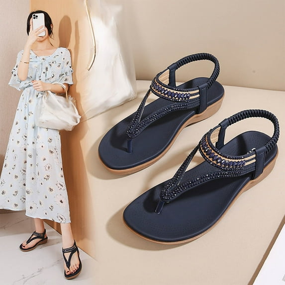 Dpityserensio Summer Sandals for Women Flat Slip On Sandals Crystal Roman Shoes Open Toe Casual Sandals Summer Sandals for Women Dressy Dark Blue 8.5(41)