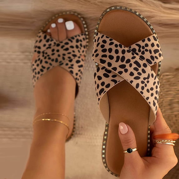 Dpityserensio Summer Womens Studded Flat Sandals Open Toe Slip On Mule Slides Crossed Strap Slipper Brown 7.5(39)
