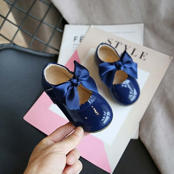 Dpityserensio Toddler Shoes Baby Girls Cute Fashion Bow Hollow Out Non-slip Small Leather Princess Shoes Dark Blue 4-5 Years