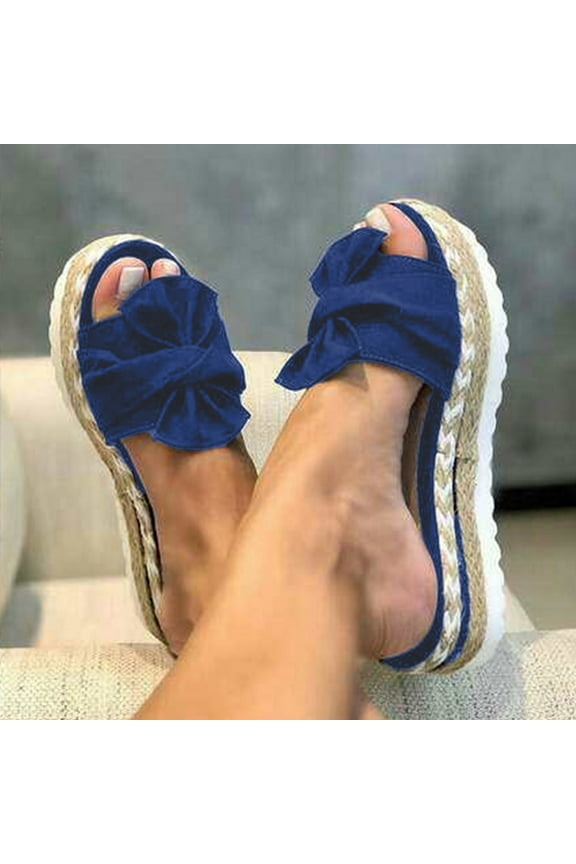 Women Bowknot Beach Summer Slippers Slide Slope Heels Plus Size Shoes Sandals for Women Blue 9.5-10(42)