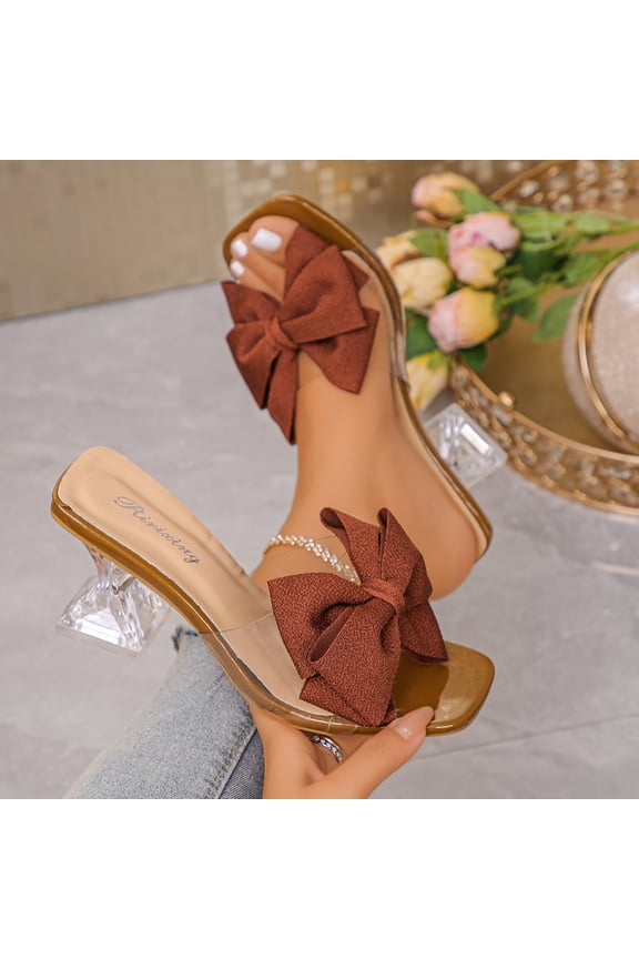Women Fashion Casual Summer Item Solid Color Outerwear Transparent Bow Versatile Wine Glass Straight Drag High-Heeled Summer Slides