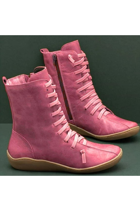 Women Mid-tube Boots Ladies Fashion Vintage Style Solid Zipper Flat Shoes Ankle Short Boots Summer Hot Pink 9.5(43)