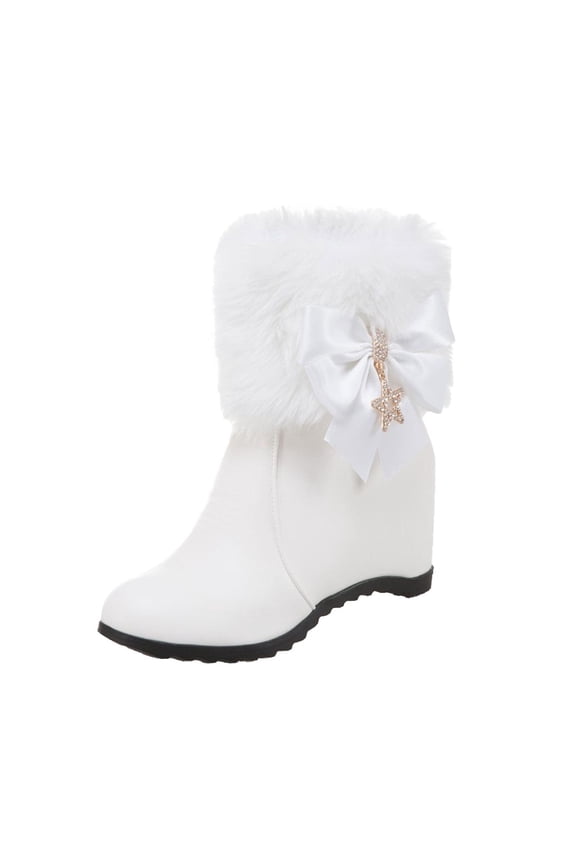 Women Solid Color Faux Fur Wedge Heel Round Toe Zip Ankle Boots Fashion Footwear