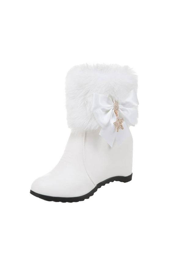Women Solid Color Faux Fur Wedge Heel Round Toe Zip Ankle Boots Fashion Footwear