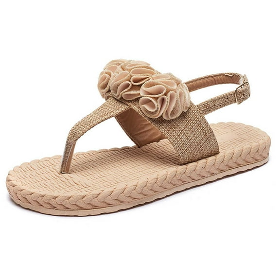 Dpityserensio Women Summer Flat Sandals Hemp Rope Open Toe Shoes Woven Sandals Thong Sandals Beige 8.5(41)