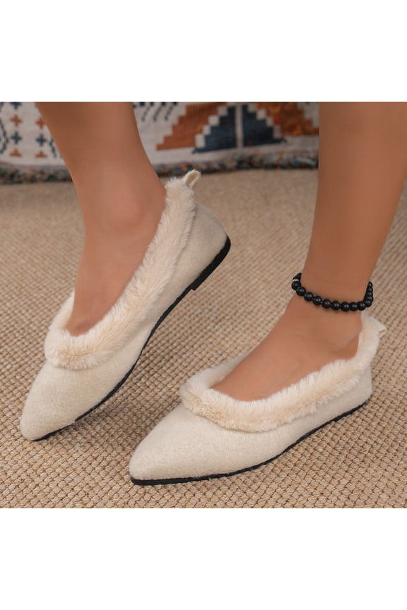 Women Flats Shoes Winter Plus Velvet Warm Moccasins Solid Color Pointed Toe Lightweight One-Foot Flat-Bottomed Shallow Shoes