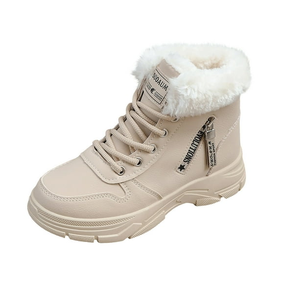 Dpityserensio Women's Boots Fall Winter Winter Plus Velvet Warm Short Boots Solid Color Round Toe Front Lace-Up Thick Bottom Flat Ankle Boots