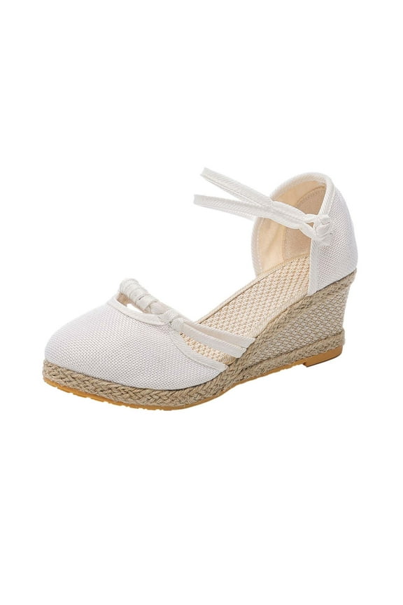 Women's Closed Toe Wedges Shoes Slide Slingback Mid Low Heel Canvas Dress Sandals White 6(37)