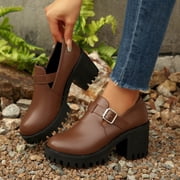 Dpityserensio Womens Fashionable Casual Style Four-Season Wearable Loafers Solid Color Round Toe Belt Buckle Thick Bottom Block Heel High Heel Shoes