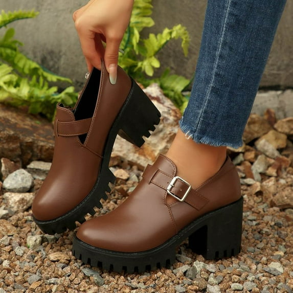 Dpityserensio Women's Fashionable Casual Style Four-Season Wearable Loafers Solid Color Round Toe Belt Buckle Thick Bottom Block Heel High Heel Shoes