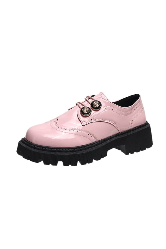 Women's Four-Season Loafers Solid Color Round Toe Metal Buckle Shallow Flat Thick Bottom Thick Heel Shoes