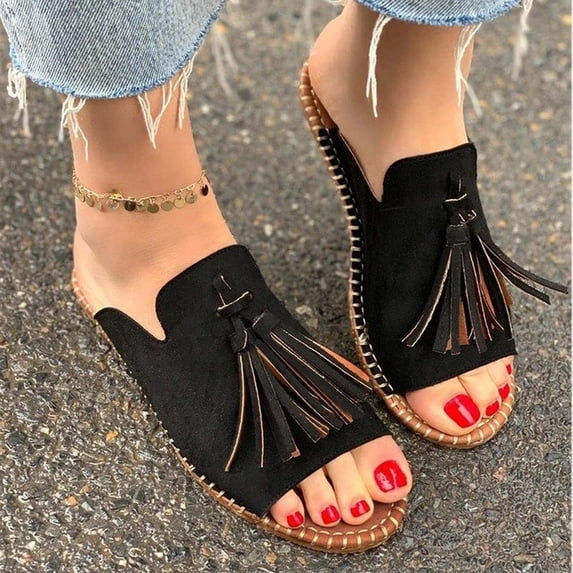 Dpityserensio Women's Ladies Fashion Casual Flat Fringe Shoes Slippers Peep Toe Sandals Black 7.5(40)