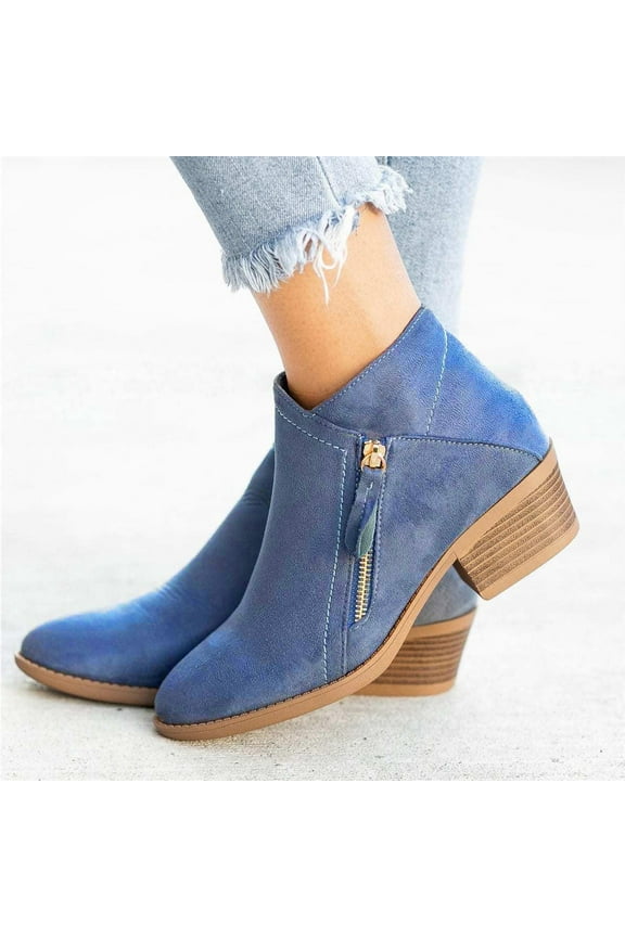 Women's Low-heeled Ankle Boots Vintage Slip On Boots Pointed Toe Thick Heel Short Shoes Blue 8.5(41)