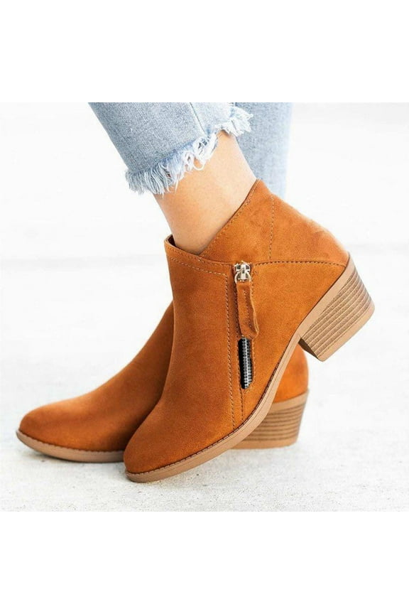 Women's Low-heeled Ankle Boots Vintage Slip On Boots Pointed Toe Thick Heel Short Shoes Orange 6.5(38)