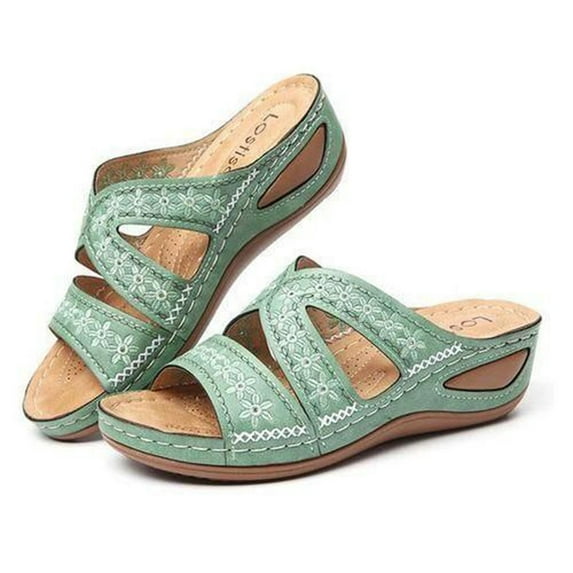 Dpityserensio Women's Multi-color Embroidered Sandals with Wedge Fish Mouth Slide Shoes Sandals for Women Green 9(42)