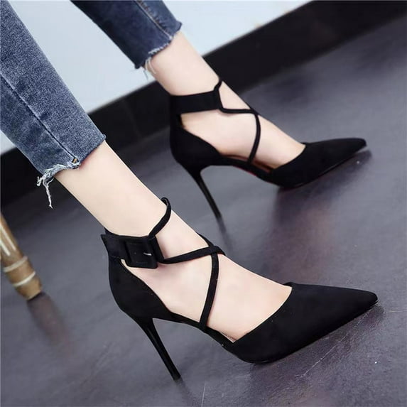 Dpityserensio Women's Pointed High Heels with Feminine Temperament Suede Thin Heels Shallow Mouth Women's Shoes Women's High Heels Black 7(39)