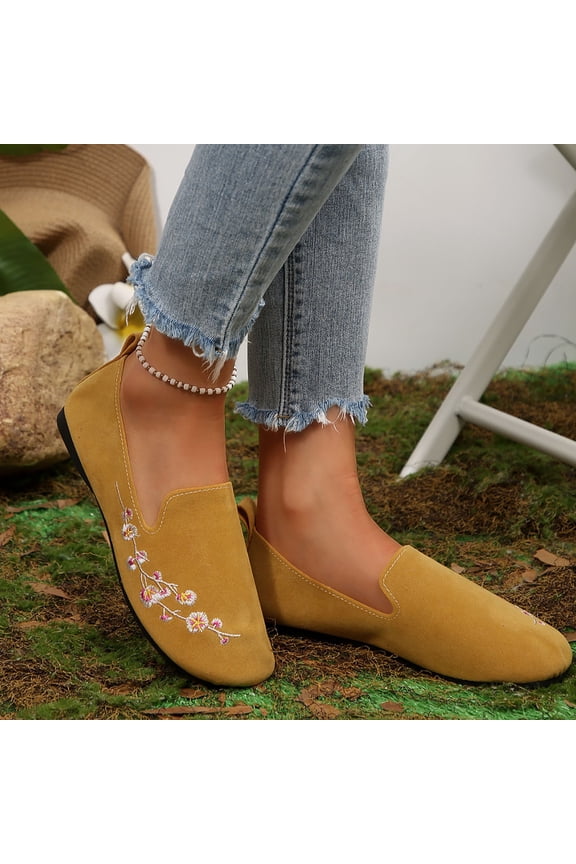 Women's Round Toe Style Flower Embroidered Moccasin Flat Shoes