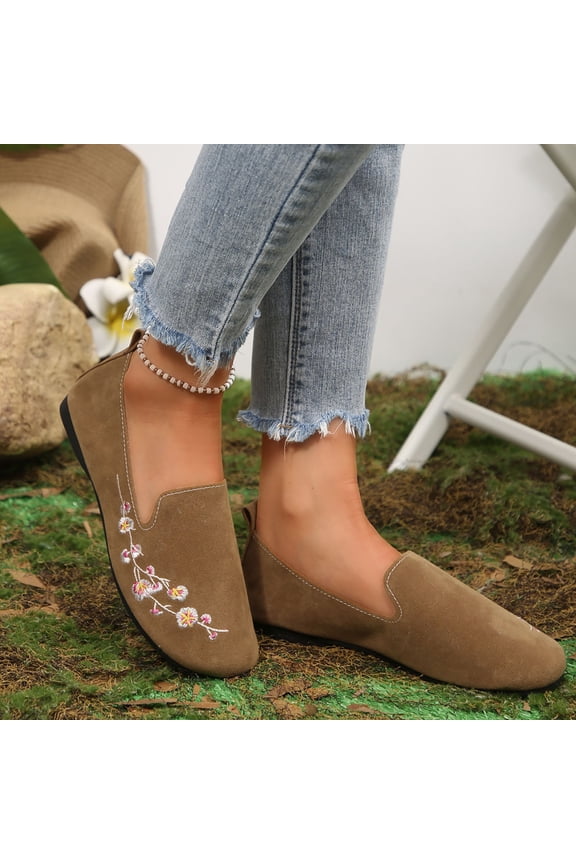 Women's Round Toe Style Flower Embroidered Moccasin Flat Shoes