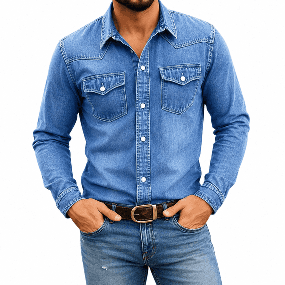 Dpjklzsn Men's Button-Up Shirt, Long Sleeve Collared Shirt with Flap Chest Pockets for Casual Denim Outfits