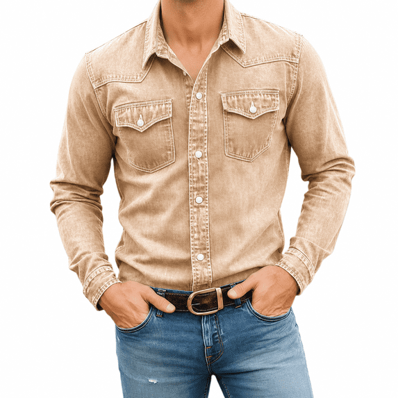 Dpjklzsn Men's Button-Up Shirt, Long Sleeve Collared Shirt with Flap Chest Pockets for Casual Denim Outfits