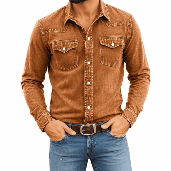 Dpjklzsn Men's Button-Up Shirt, Long Sleeve Collared Shirt with Flap Chest Pockets for Casual Denim Outfits