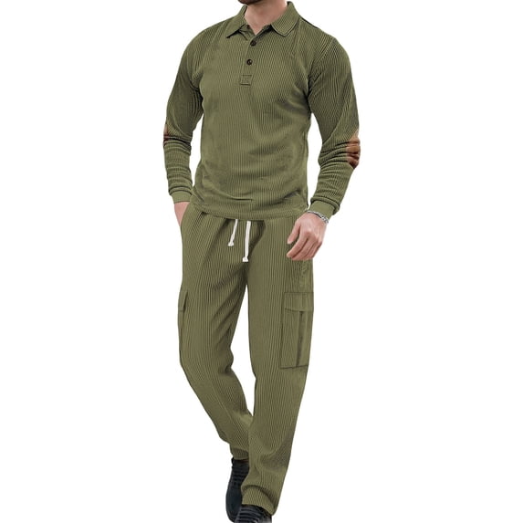 Dpjklzsn Men's Corduroy 2 Piece Outfit Set, Collared Button Pullover Shirt with Drawstring Cargo Pants and Pockets