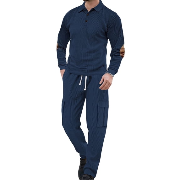 Dpjklzsn Men's Corduroy 2 Piece Outfit Set, Collared Button Pullover Shirt with Drawstring Cargo Pants and Pockets