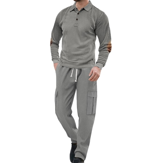 Dpjklzsn Men's Corduroy 2 Piece Outfit Set, Collared Button Pullover Shirt with Drawstring Cargo Pants and Pockets