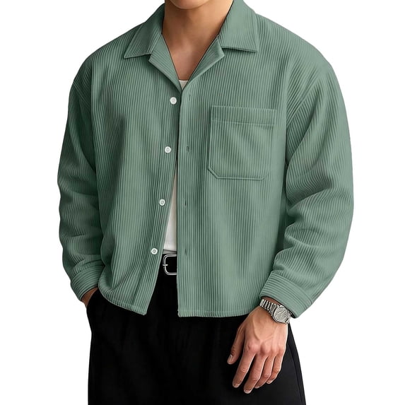 Dpjklzsn Men's Corduroy Crop Jacket, Long Sleeve Button Front Shirt Jacket with Chest Pockets