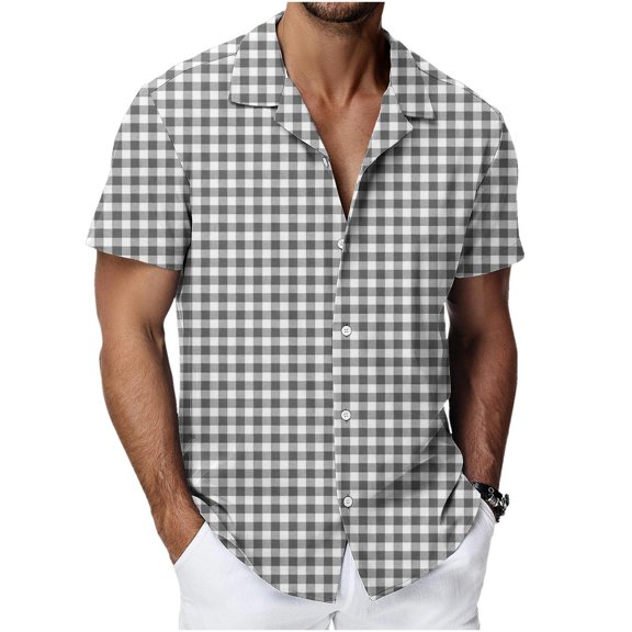 Dpjklzsn Men's Gingham Short Sleeve Shirt, Button-Up Check Shirt for Summer Casual Wear