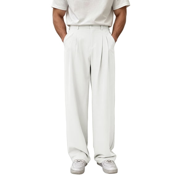 Dpjklzsn Men's High Waist Wide Leg Dress Pants with Button Detail, Pleated Front for Office and Everyday Outfits
