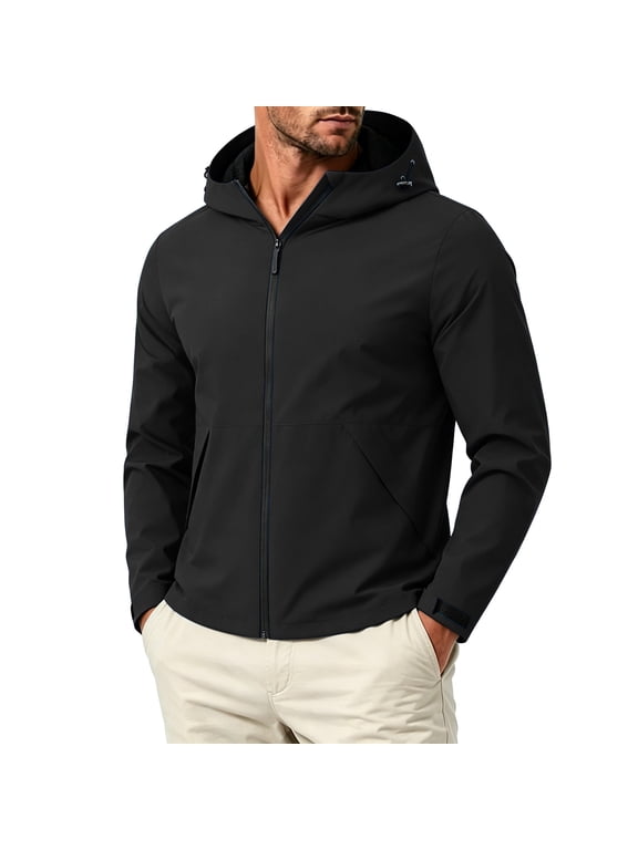 Men's Hooded Windbreaker Jacket, Lightweight Zip Front Outdoor Coat for Hiking and Travel