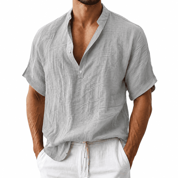 Dpjklzsn Men's Linen-Look Beach Shirt, Short Sleeve Open Collar Button Shirt for Resort and Vacation Wear