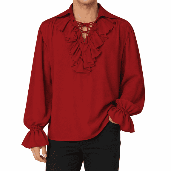 Dpjklzsn Men's Medieval Renaissance Ruffle Shirt, Lace-Up Collared Bishop Sleeve Vintage Costume Top