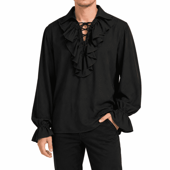 Dpjklzsn Men's Medieval Renaissance Ruffle Shirt, Lace-Up Collared Bishop Sleeve Vintage Costume Top