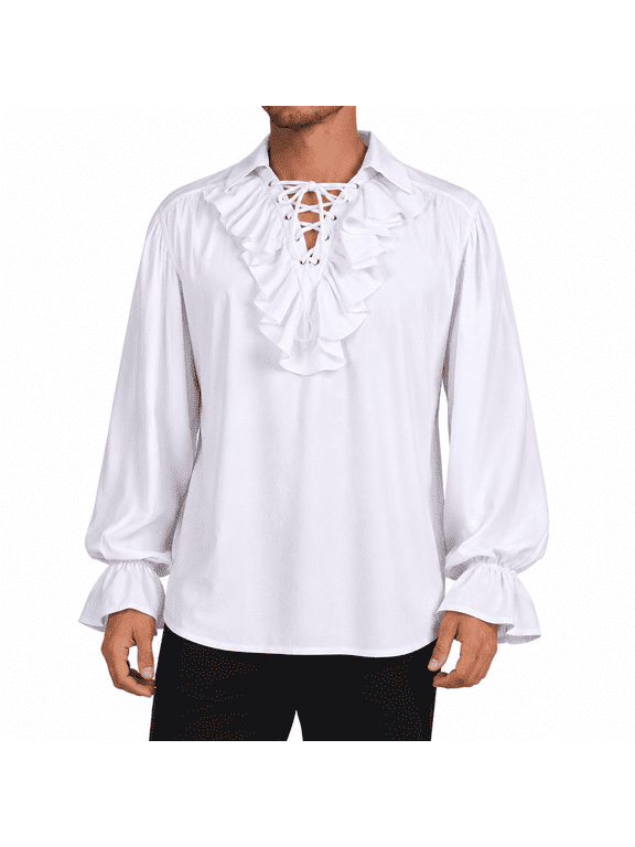 Men's Medieval Renaissance Ruffle Shirt, Lace-Up Collared Bishop Sleeve Vintage Costume Top