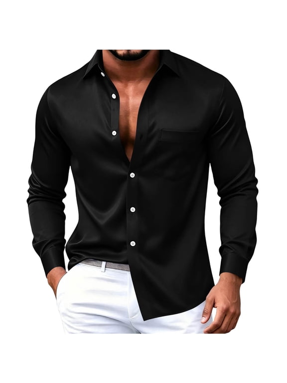 Men's Smooth Satin Button Down Shirt, Long Sleeve Chest Pocket Shirt for Night Out and Dressy Casual Wear