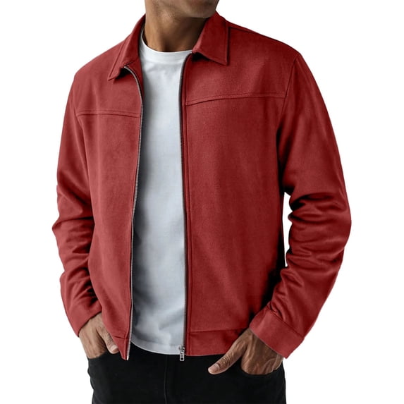 Dpjklzsn Men's Suede Zip Up Jacket, Point Collar Long Sleeve Casual Workwear Coat with Side Pockets