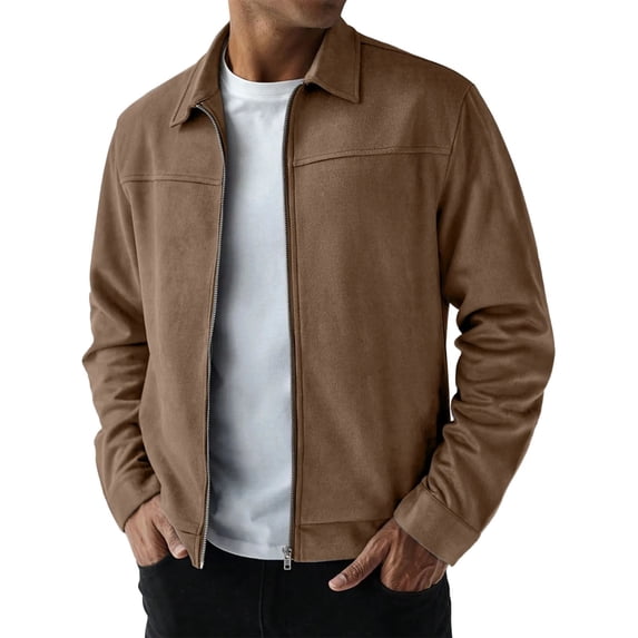 Dpjklzsn Men's Suede Zip Up Jacket, Point Collar Long Sleeve Casual Workwear Coat with Side Pockets