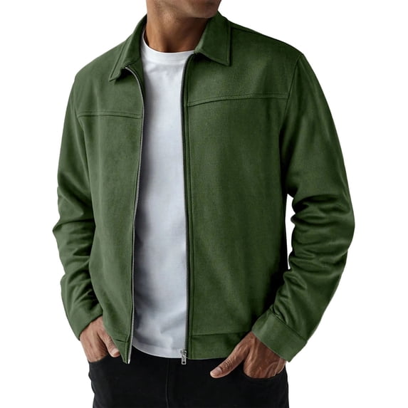 Dpjklzsn Men's Suede Zip Up Jacket, Point Collar Long Sleeve Casual Workwear Coat with Side Pockets