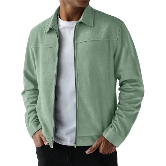 Dpjklzsn Men's Suede Zip Up Jacket, Point Collar Long Sleeve Casual Workwear Coat with Side Pockets