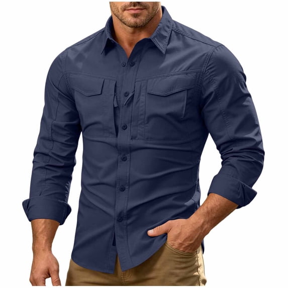 Dpjklzsn Men's Tactical Utility Shirt, Long Sleeve Ventilated Collared Shirt with Zip Dual Pockets