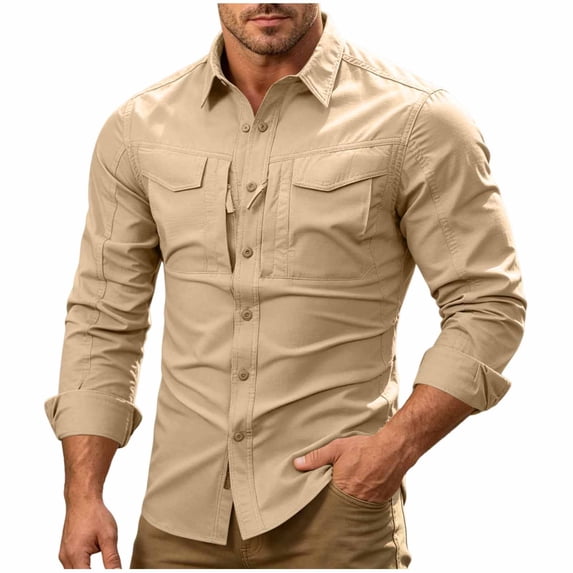Dpjklzsn Men's Tactical Utility Shirt, Long Sleeve Ventilated Collared Shirt with Zip Dual Pockets