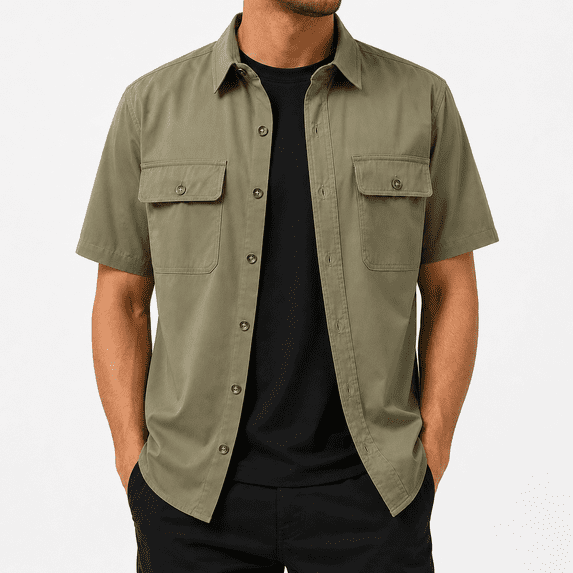 Dpjklzsn Men's Utility Button-Up Shirt, Short Sleeve Collared Workwear Shirt with Flap Chest Pockets