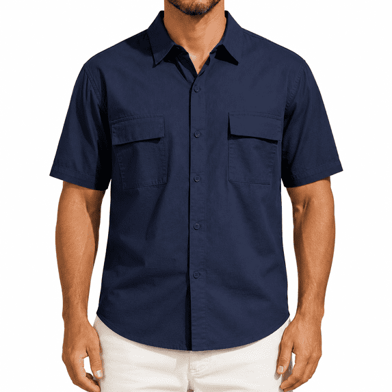 Dpjklzsn Men's Utility Button-Up Shirt, Short Sleeve Multi Pocket Collared Shirt for Outdoor Casual Wear