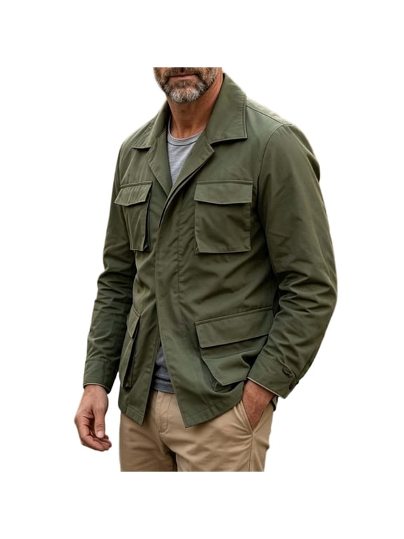 Men's Utility Field Jacket with 4 Flap Pockets, Button Front Long Sleeve Collared Coat